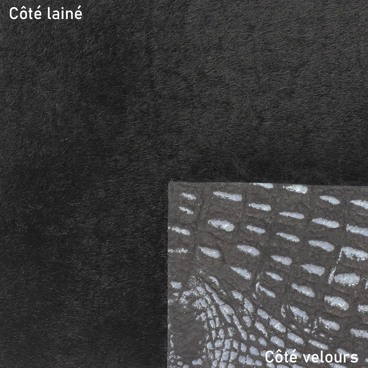 Cuir de mouton lainé à poils lisses noir avec dos imprimé crocodile argenté. Cuir doux et original idéal pour la création de vêtement, chaussures, coussins, décorations...