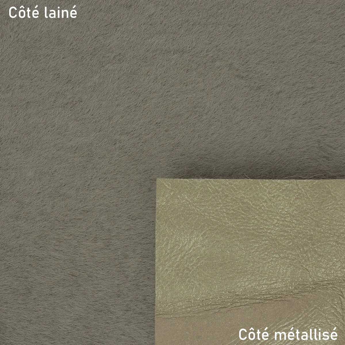 Mouton lainé à poils lisses gris vert avec un côté bronze métallisé, cuir souple à fourrure idéal pour la création de vêtement, bourse, chaussons...