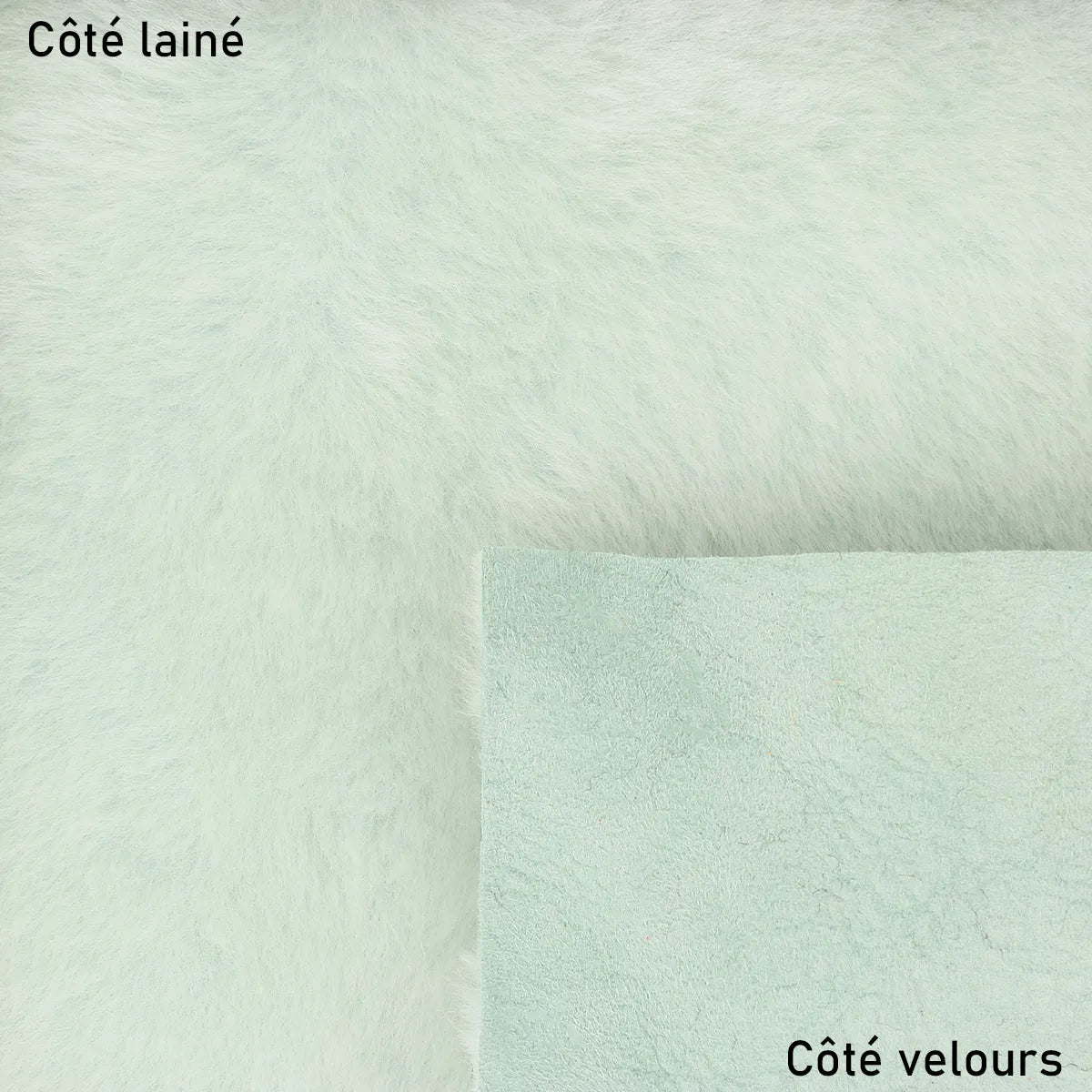 Mouton lainé à poils lisses vert amande, cuir souple à fourrure idéal pour la création de vêtement, bourse, chaussons...