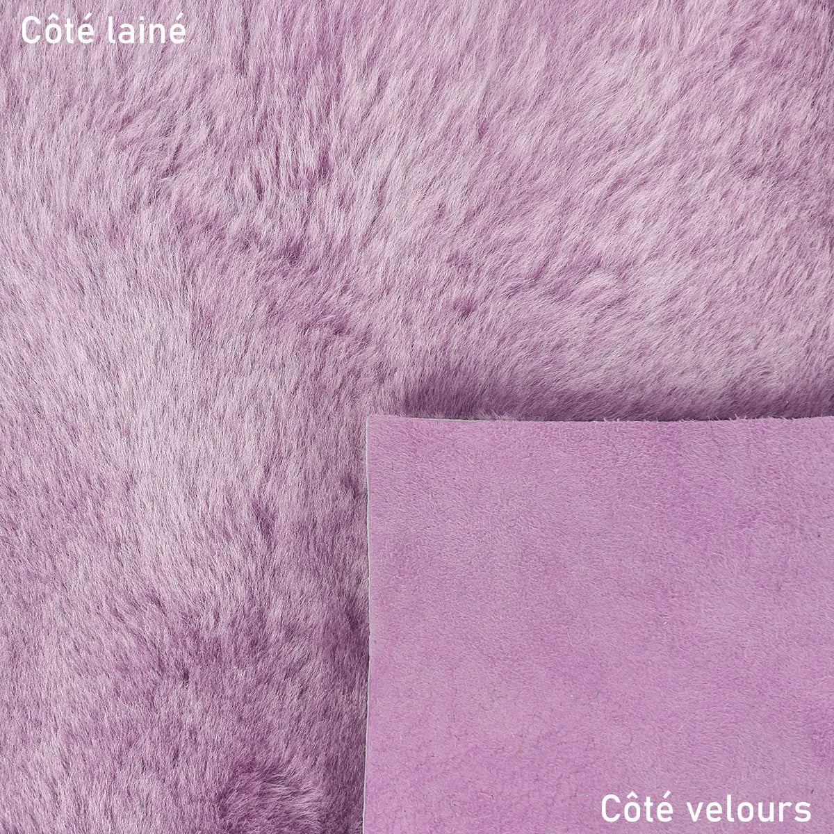 Mouton lainé à poils lisses couleur violet clair idéal pour réaliser des vêtements, chaussons, bottes, bourses...