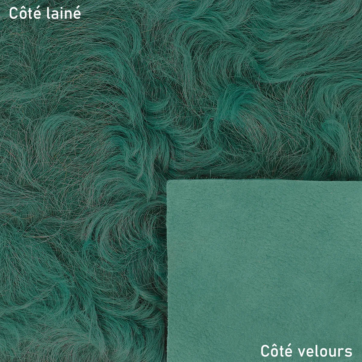 Cuir de mouton lainé vert canard avec poils longs et frisés