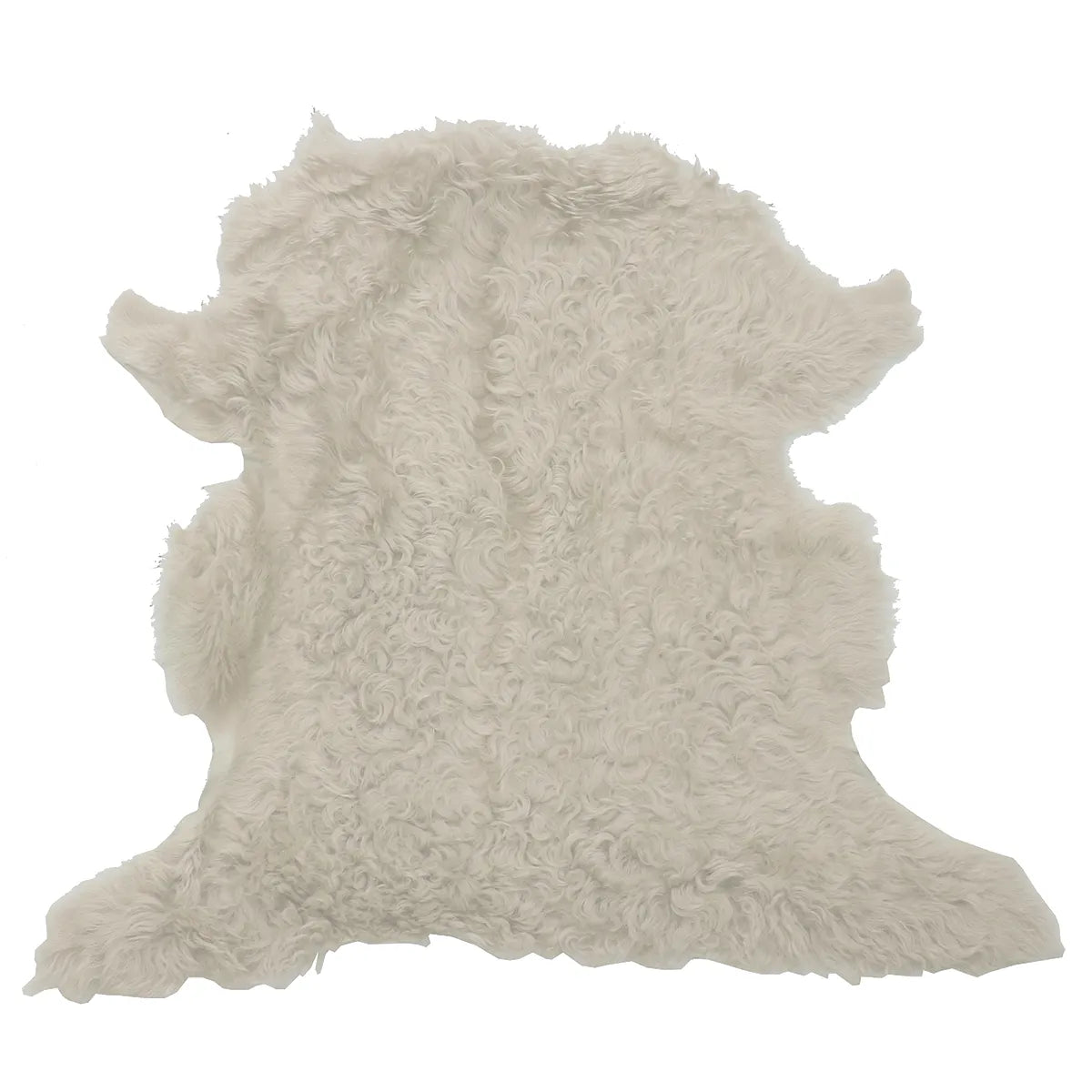 Peau entière en cuir de mouton lainé beige à poils longs et légèrement frisés.