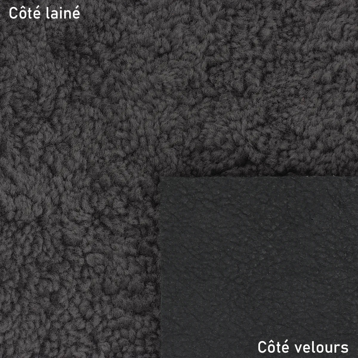 Peau de cuir de mouton lainée et bouclée couleur gris foncé avec dos en velours noir.