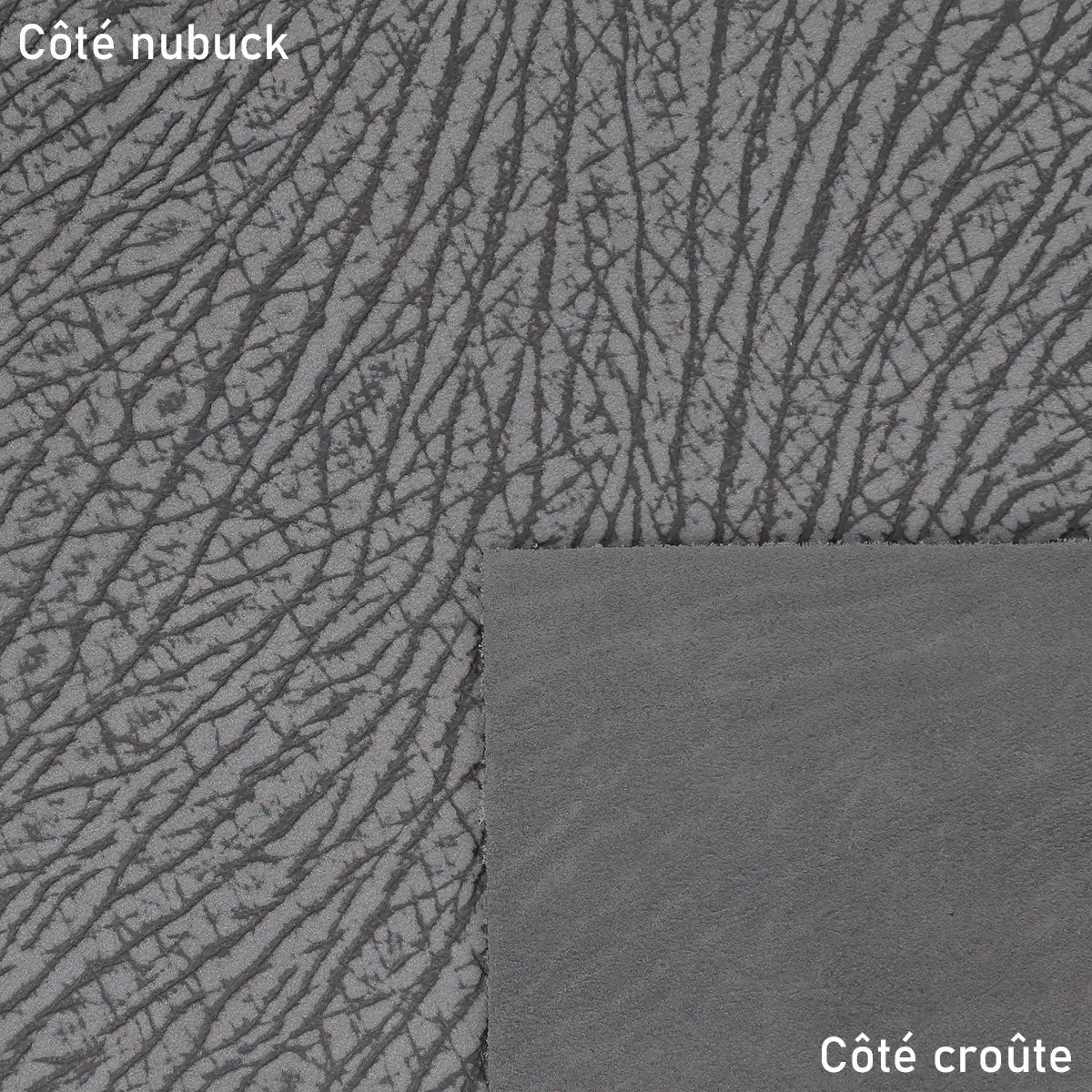 Cuir de vachette nubuck gris foncé imprimé écorce apportant du relief et de l'originalité à la peau
