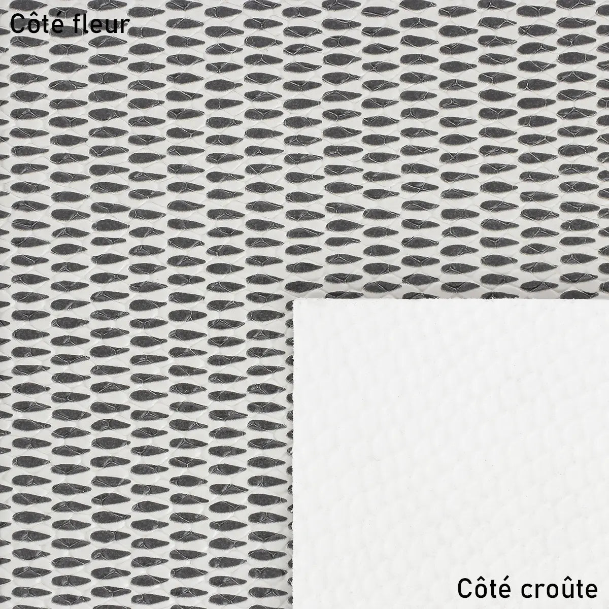 Cuir de chèvre fantaisie avec motif écaille noir et blanc et côté blanc gaufré idéal pour la réalisation d'articles nécessitant de la fermeté