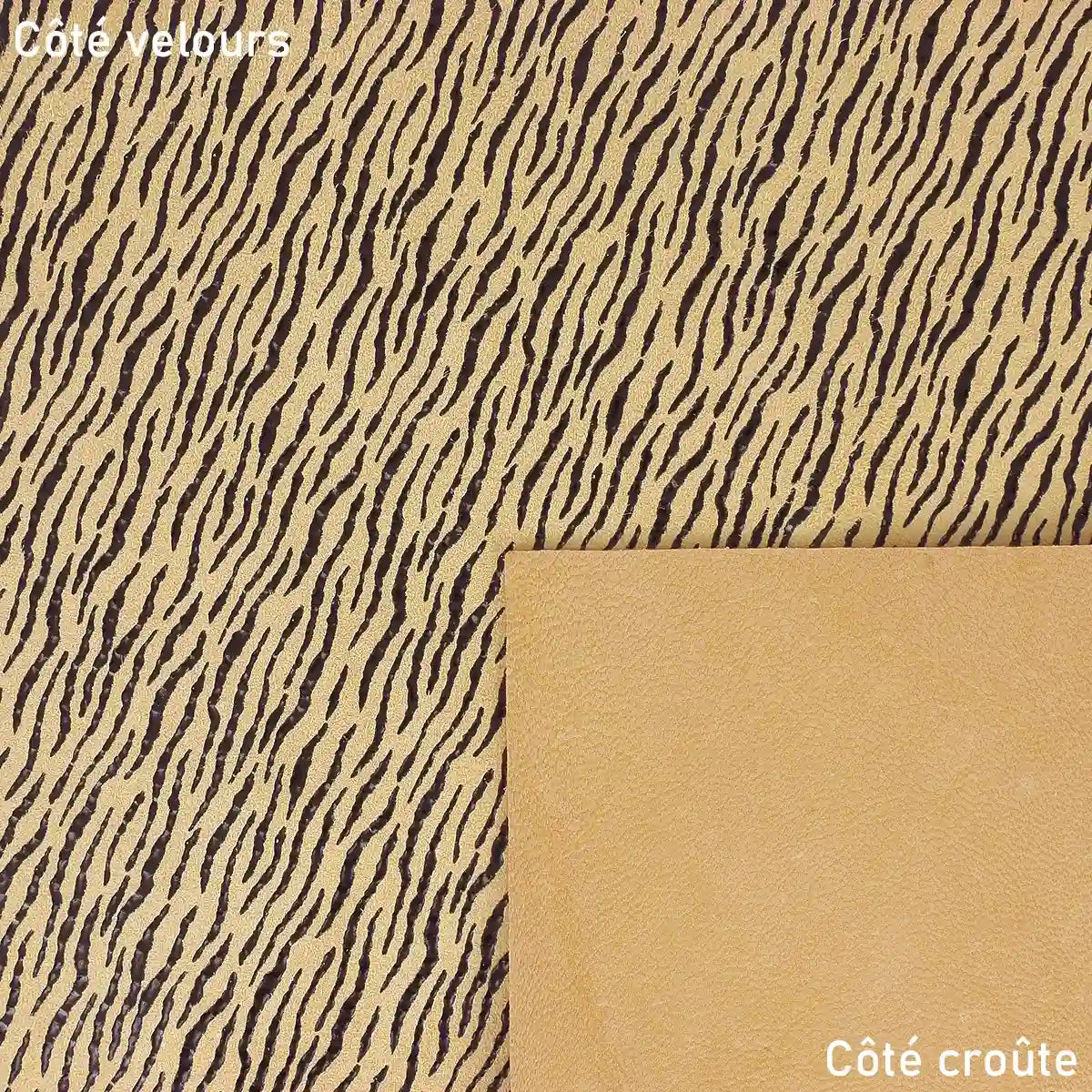 Cuir de chèvre velours jaune sable avec des lignes noires faisant penser aux griffures d'un tigre. Cuir souple et doux idéal pour la conception de bourse, pochette...