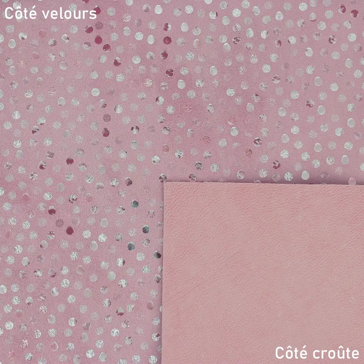 Cuir velours couleur lilas clair avec un joli motif de pois argenté rosé.