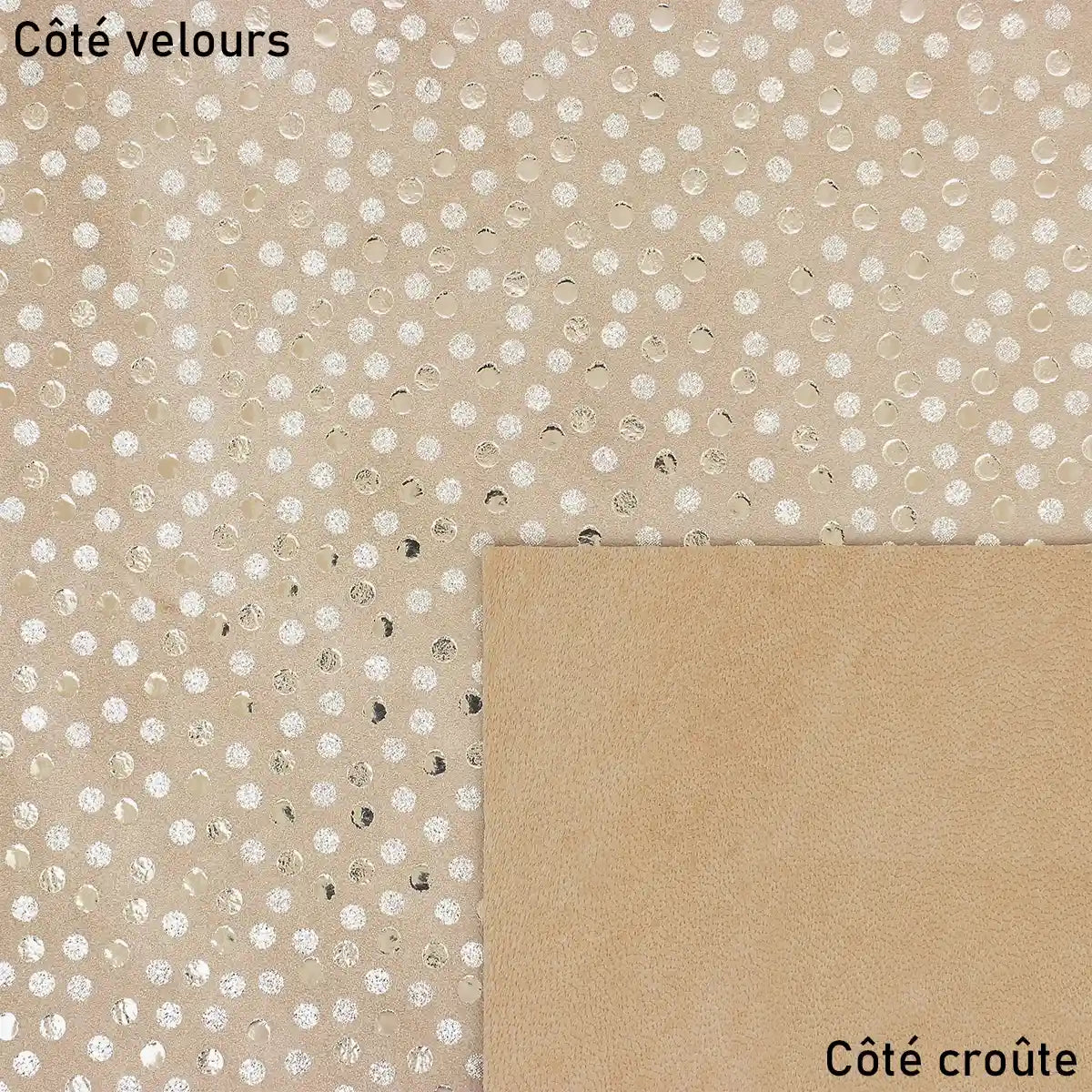 Cuir velours taupe clair à pois dorés. Cuir doux et souple pour confection de pochette, bourse, coussin...