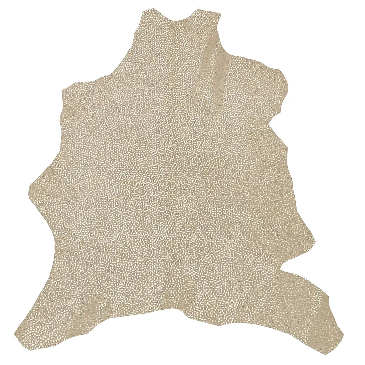 Peau entière en cuir de chèvre velours beige taupe avec motif pointillés dorés.