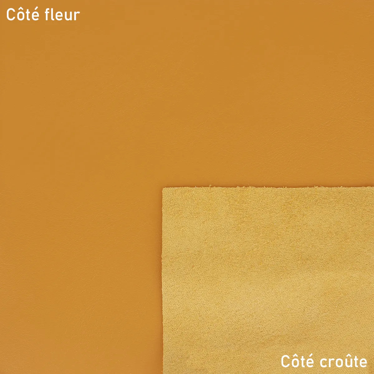 Cuir nappa couleur jaune moutarde. Cuir lisse, souple et fin idéal pour la conception de maroquinerie (sac à main, pochette...), porte-cartes, portefeuille, décoration et accessoire.