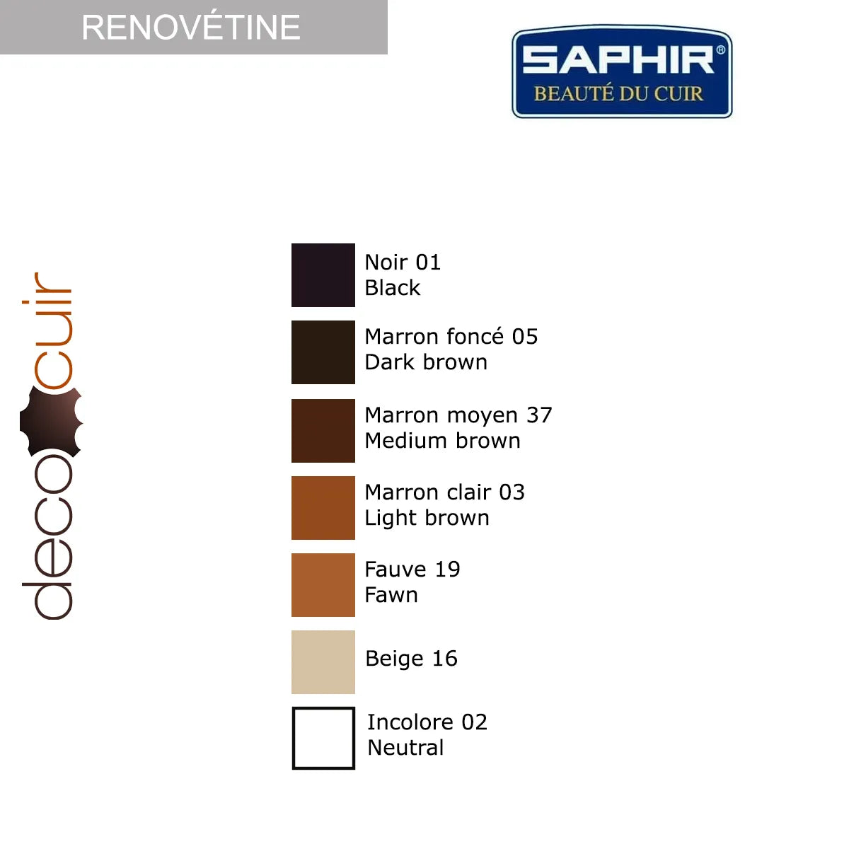 Nuancier couleurs Renovétine, imperméabilisant et recolorant pour cuir velours, nubuck, daim - Saphir made in France