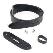 Lanières en cuir noir Deco Cuir pour ceinture DIY, épaisseur 3,1 mm, avec vis chicago nickelées, vue de l'ensemble du kit.
