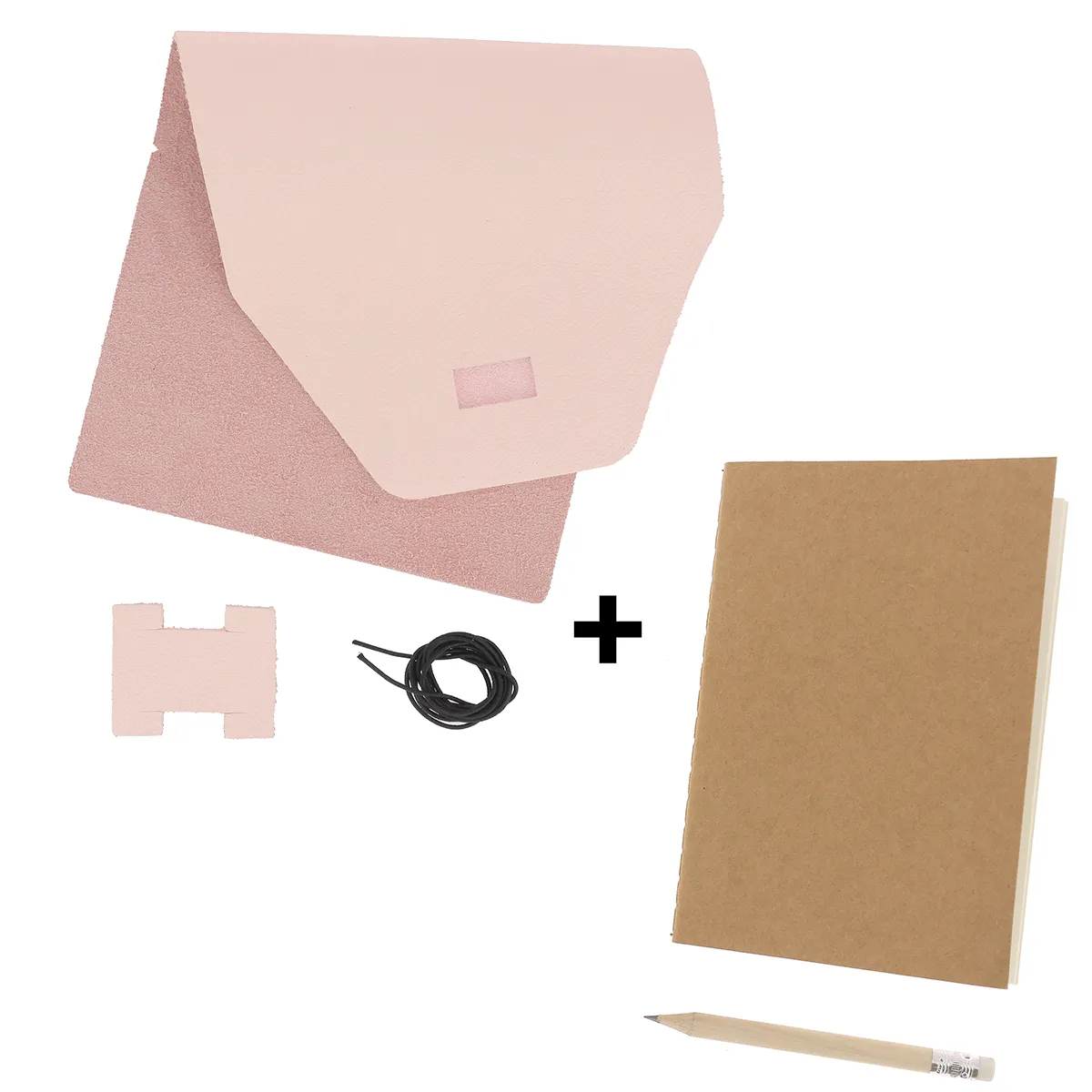 Kit DIY Protège carnet en cuir rose clair + carnet A6 + crayon à papier