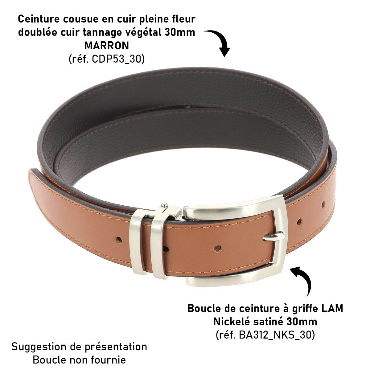 Ceinture cousue en cuir de croupon tannage végétal 30mm - MARRON