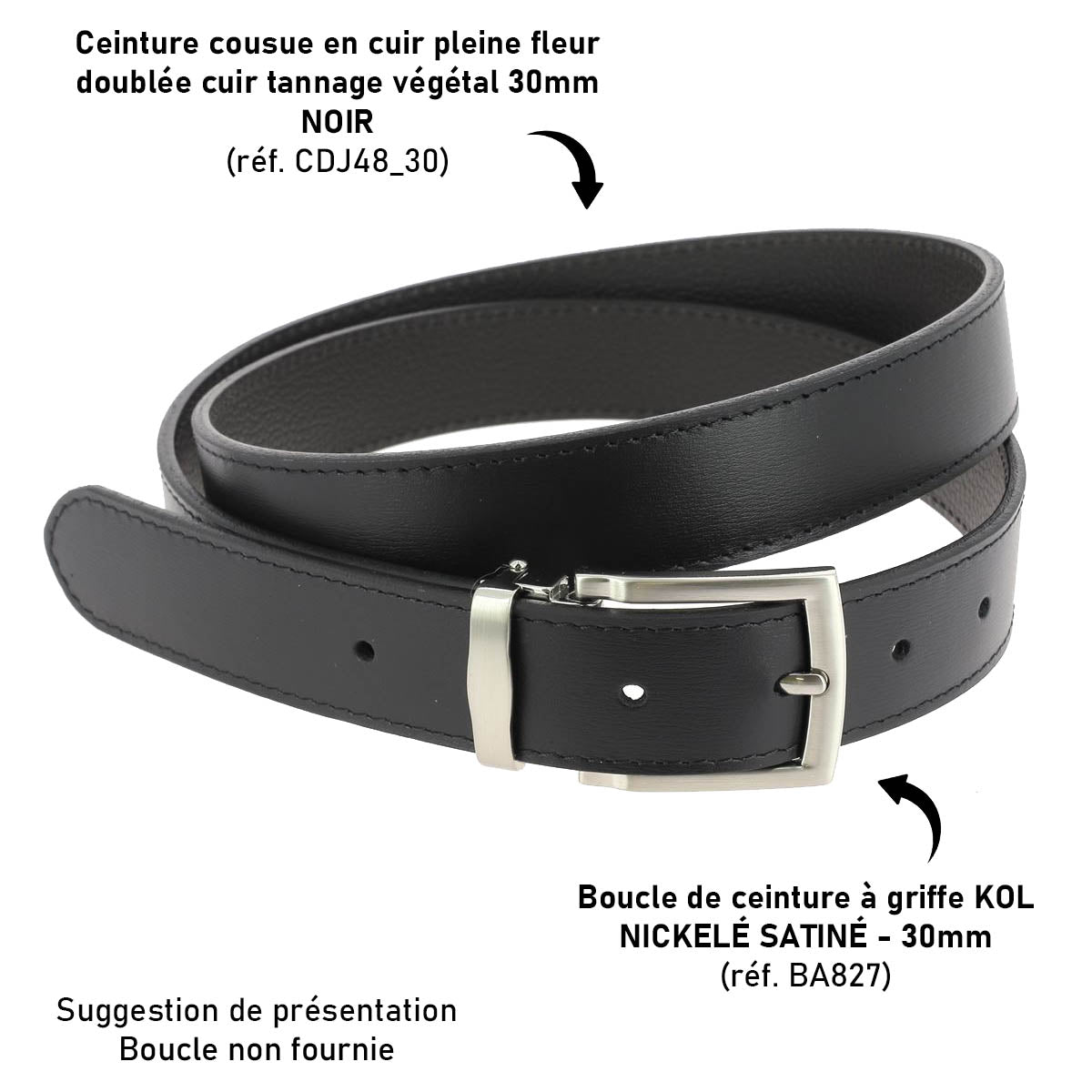 Ceinture cousue en cuir de croupon tannage végétal 30mm - NOIR