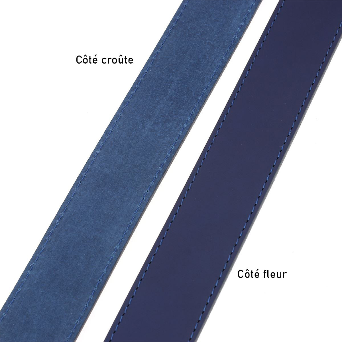 Ceinture cousue en cuir de croupon tannage végétal - BLEU