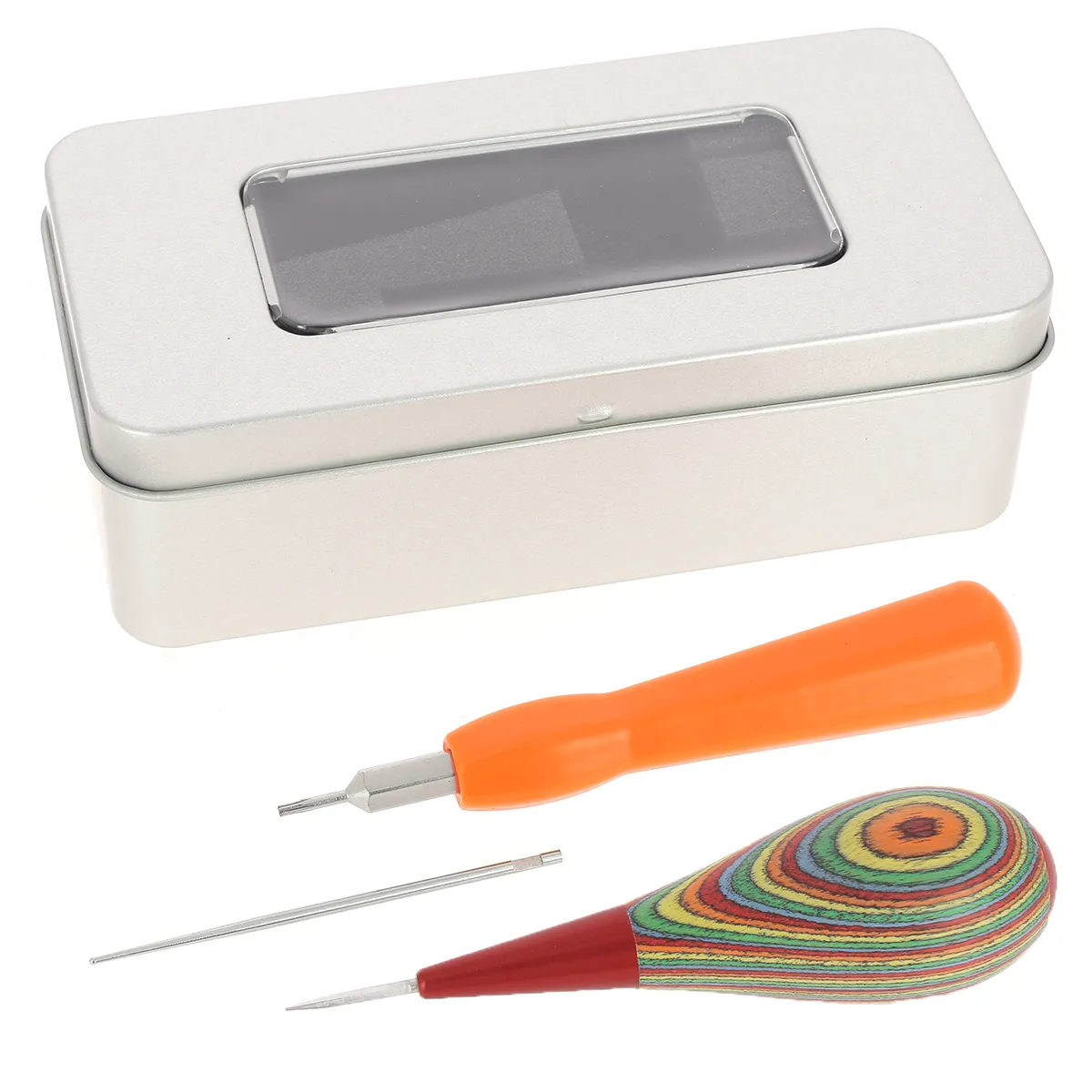 Kit alêne aux pinces en bouleau multicolore Jérôme David avec lame microsphère, tournevis et boîte de rangement en métal.