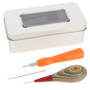 Kit alêne aux pinces en bouleau multicolore Jérôme David avec lame microsphère, tournevis et boîte de rangement en métal.