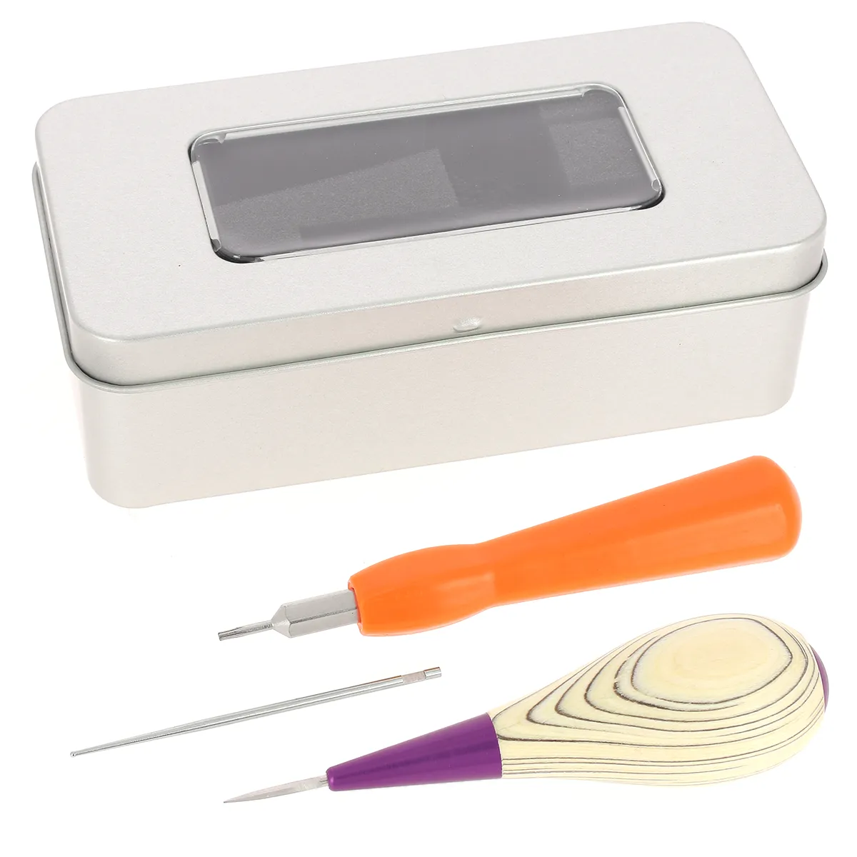 Kit alêne aux pinces en bouleau blanc Jérôme David avec lame microsphère, tournevis et boîte de rangement en métal.