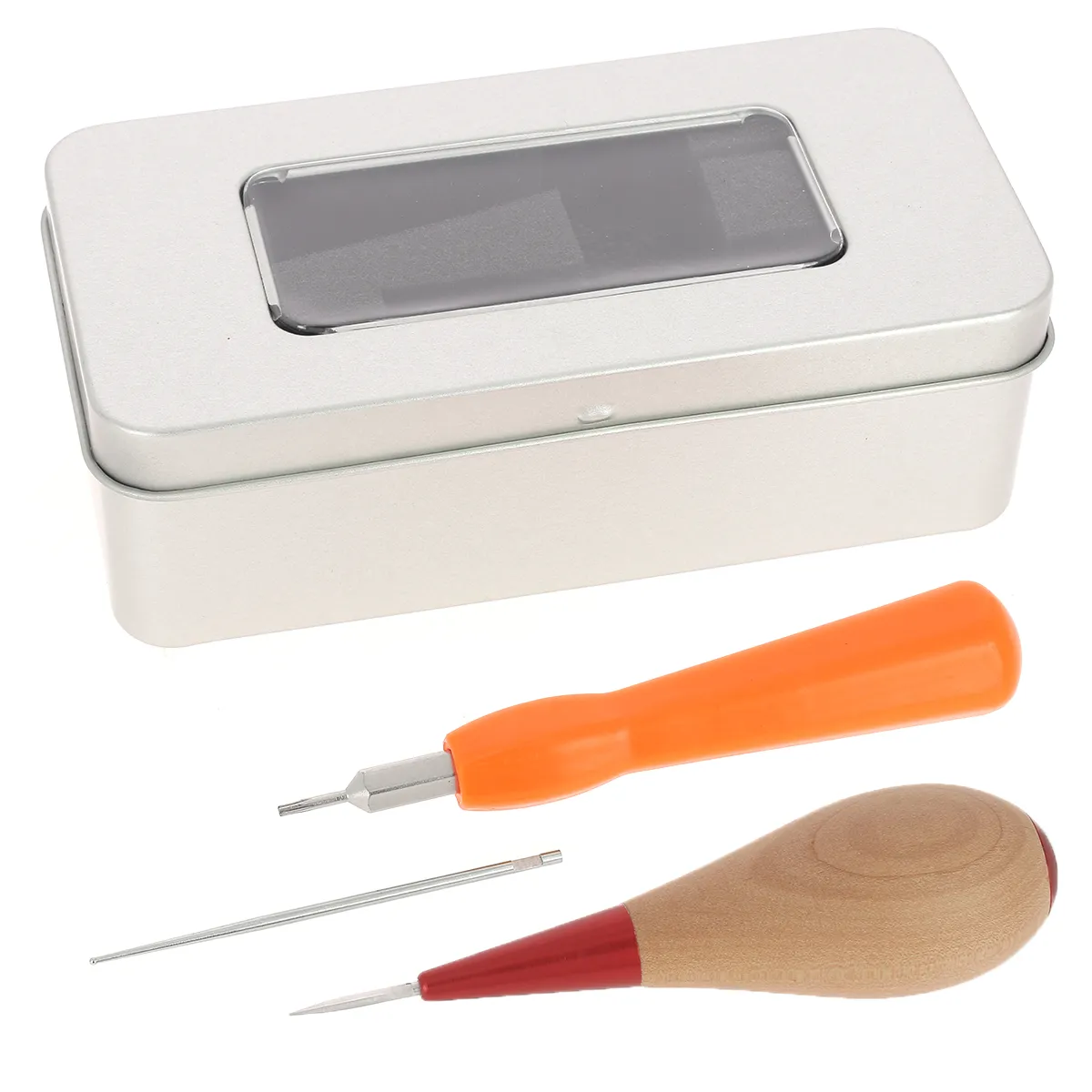 Kit alêne aux pinces en cormier Jérôme David avec lame microsphère, tournevis et boîte de rangement en métal.