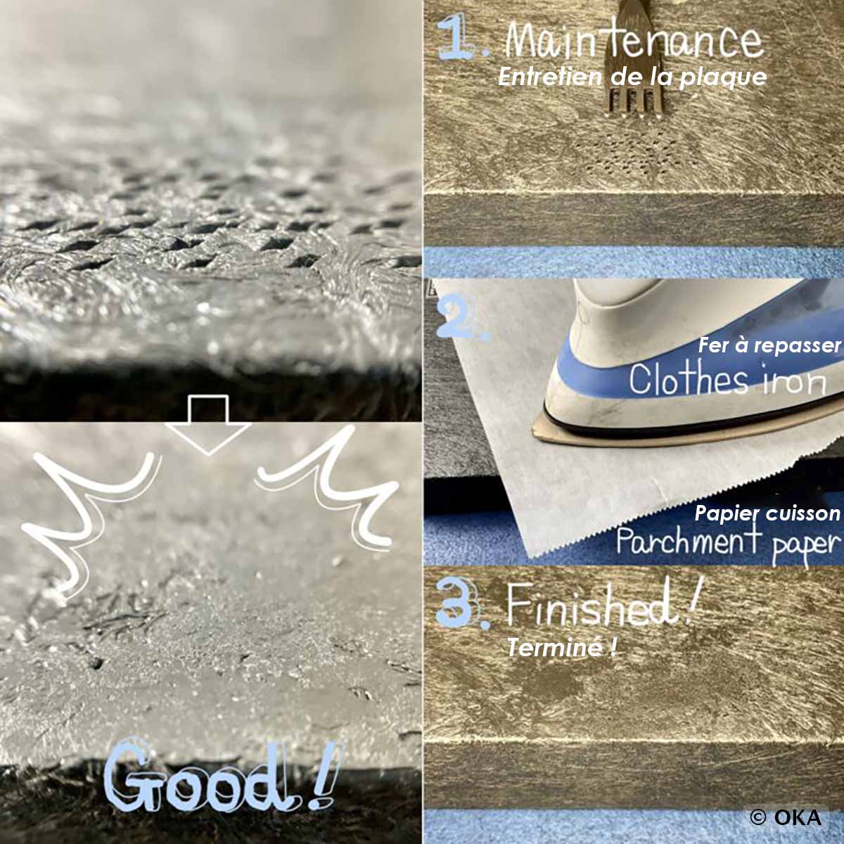 Entretien des plaques de découpe OKA avec un fer à repasser