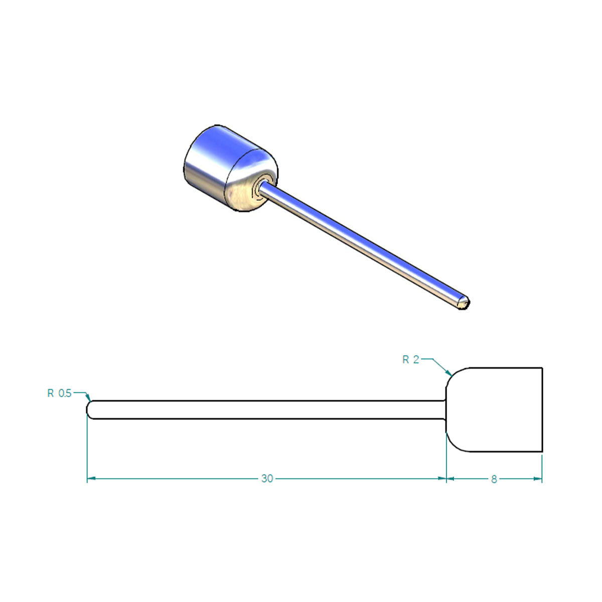 Pointe droite - lg=30 mm - pour fer à fileter - Adece