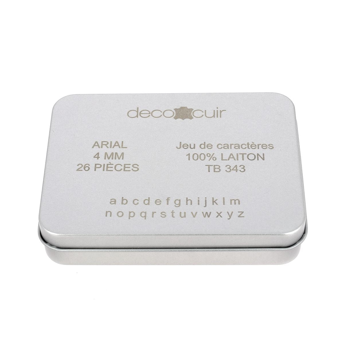 Boite de 26 lettres minuscules en laiton Arial taille 4mm - Deco Cuir - Marquage sur cuir