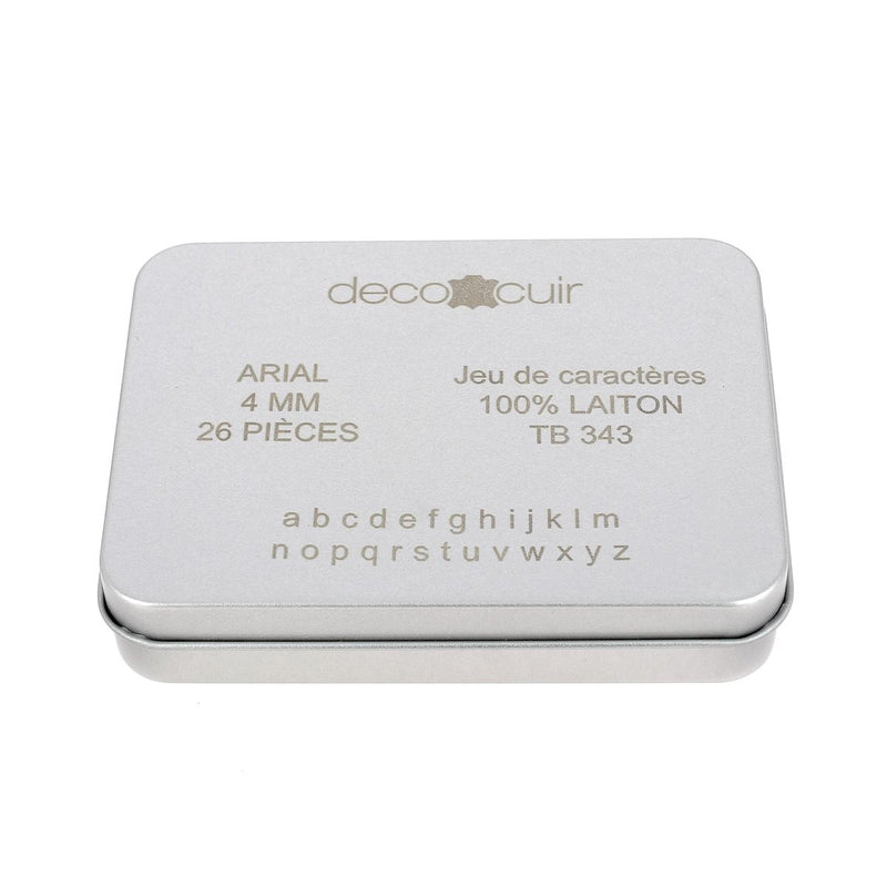 Boite de 26 lettres minuscules en laiton Arial taille 4mm - Deco Cuir - Marquage sur cuir