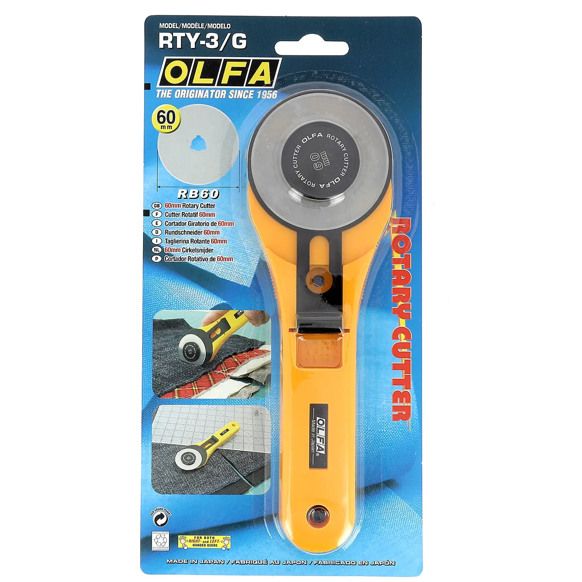 Cutter rotatif Olfa de 60 mm, modèl RTY-3/G, outil de coupe précis avec lame tranchante pour travaux de couture ou bricolage.