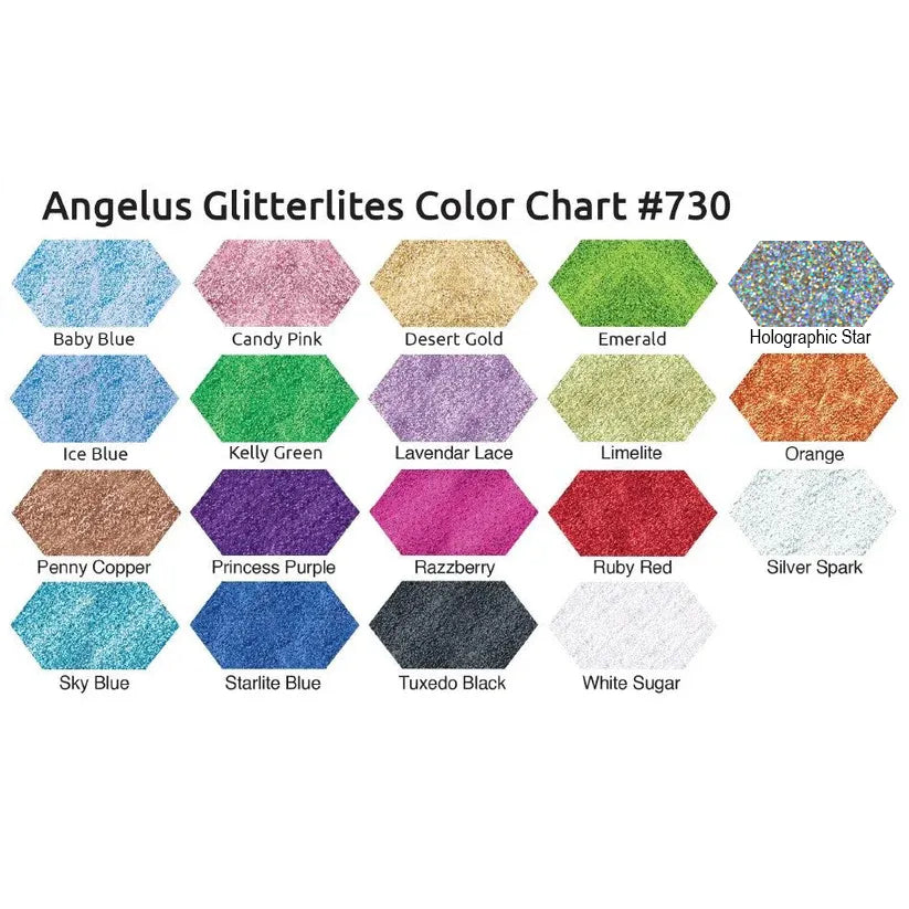 Nuancier des différentes couleurs de peintures pour cuir Angelus Glitterlites : peinture à paillettes.