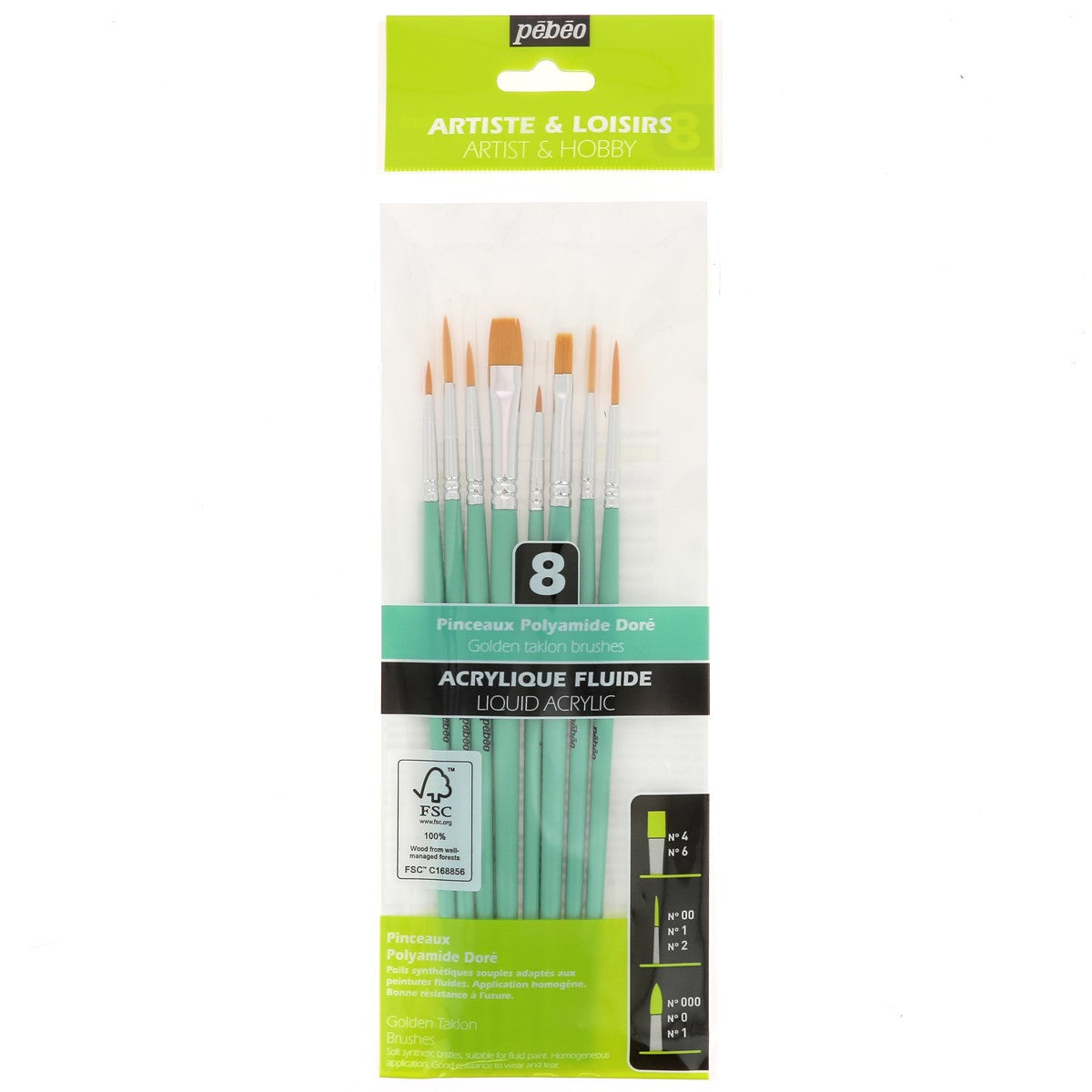 8 pinceaux polyamide doré pour peinture sur cuir - Poils synthétiques souples - Pébéo 952302