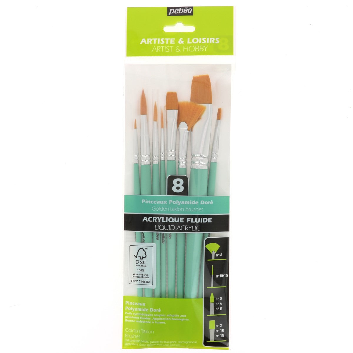 Set de 8 pinceaux polyamide doré pour peinture sur cuir - Poils synthétiques - Pébéo 952313