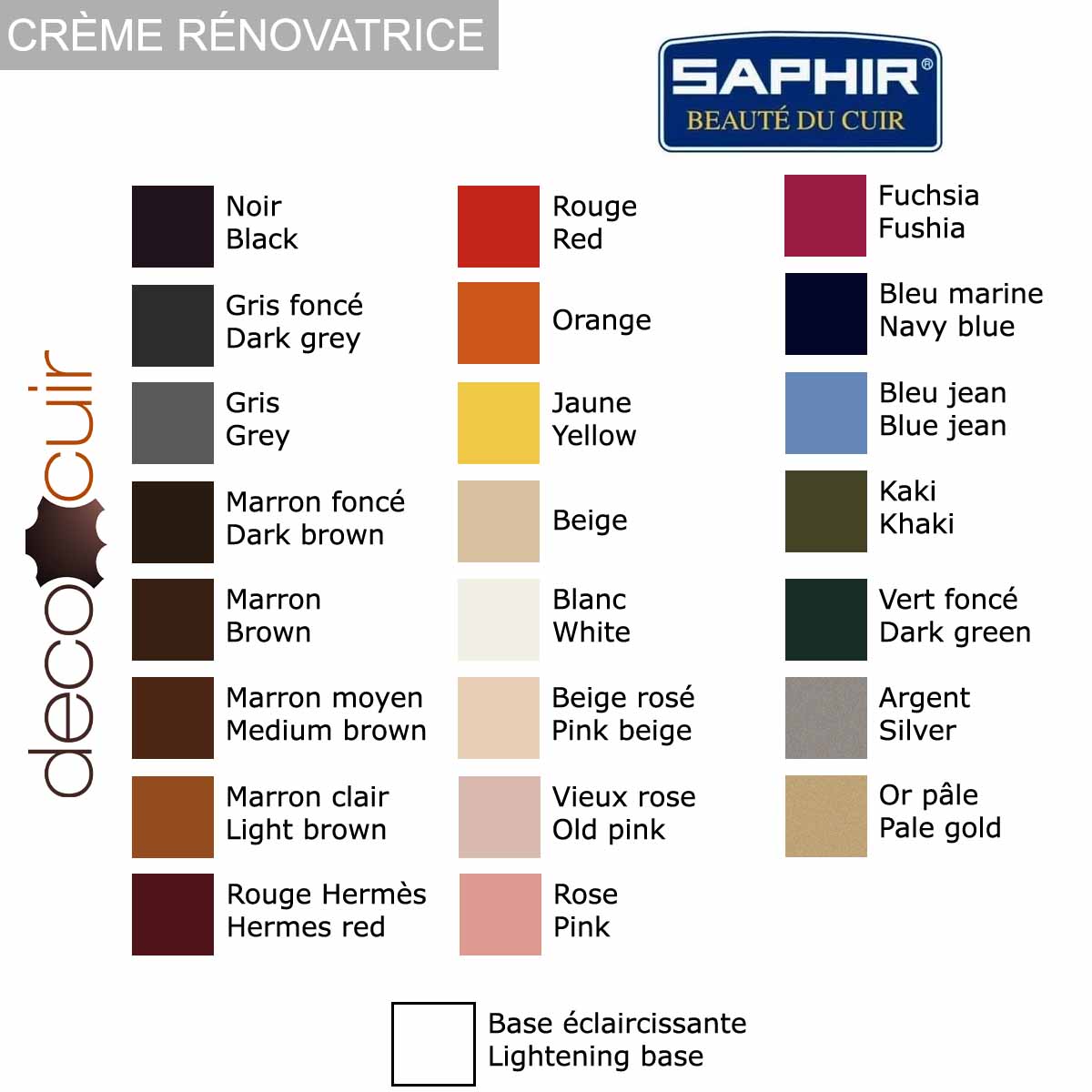 Nuancier de couleurs crèmes rénovatrices pour cuir Saphir France