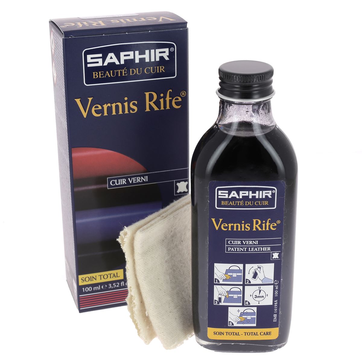 Nettoyant pour cuirs vernis noirs Vernis Rife + chamoisine - Liquide 100ml - Saphir - Fait en France
