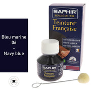 Teinture française Saphir 50ml en bleu marine, peinture pour cuir, finition élégante et durable.