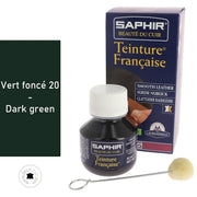 Teinture française Saphir 50ml vert foncé pour cuir, finition riche et profonde, dans un flacon élégant.