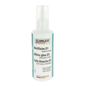 Colle blanche vinylique Stanger de 100g, colle pour cuir, sans solvant, dans un tube blanc avec étiquette.