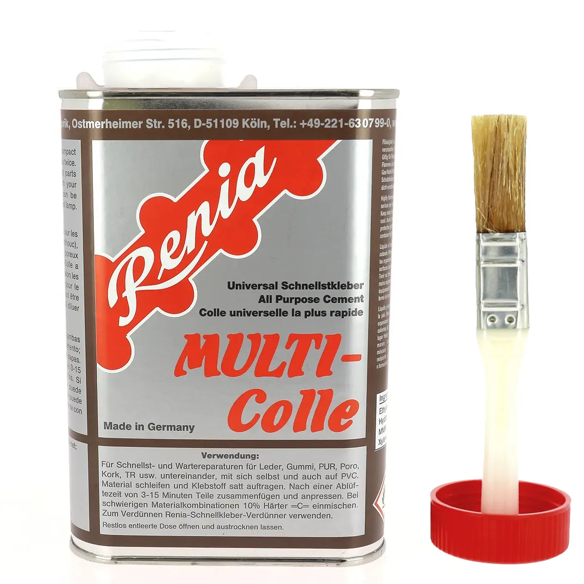 Colle universelle Renia pour cuir à séchage rapide - Bidon de 1 litre avec pinceau intégré au bouchon