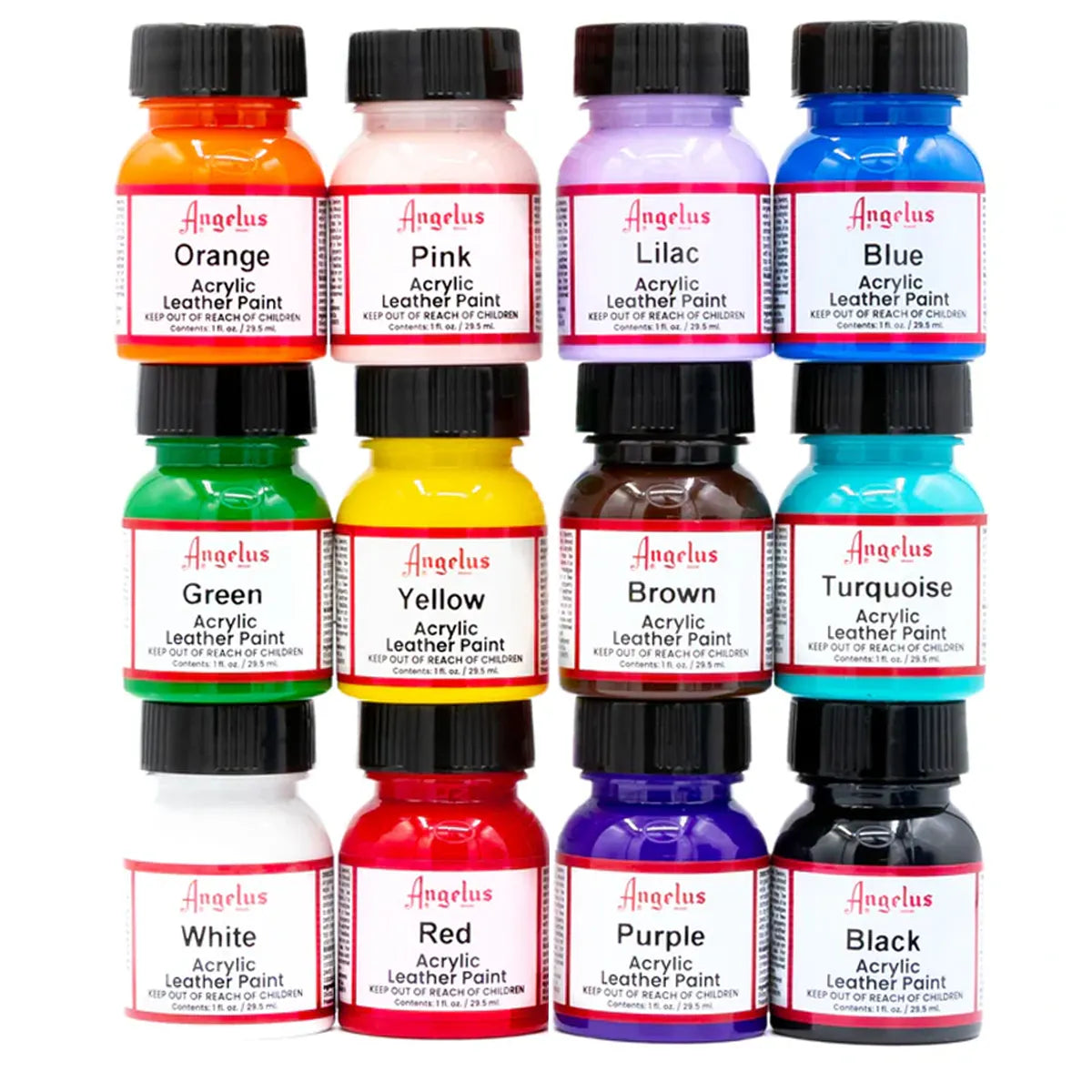 Lot de 12 peintures pour cuir Angelus : couleurs basiques et intemporelles : rose, orange, vert, bleu, jaune, blanc, rouge, noir, marron et violet