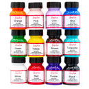 Lot de 12 peintures pour cuir Angelus : couleurs basiques et intemporelles : rose, orange, vert, bleu, jaune, blanc, rouge, noir, marron et violet