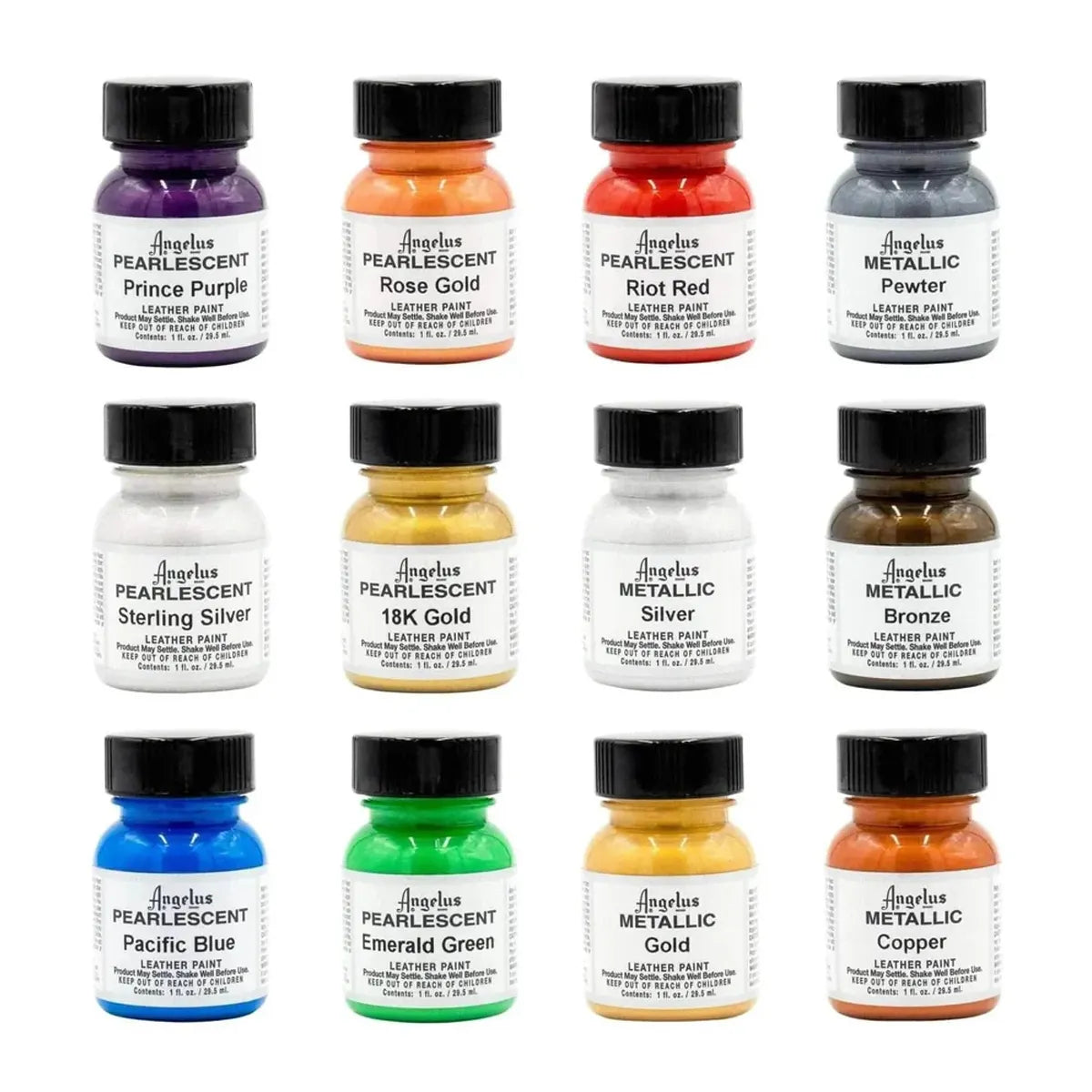 Lot de 12 peintures cuir acrylique Angelus Pearlescent et Metallic - Flacons de 29,5 ml