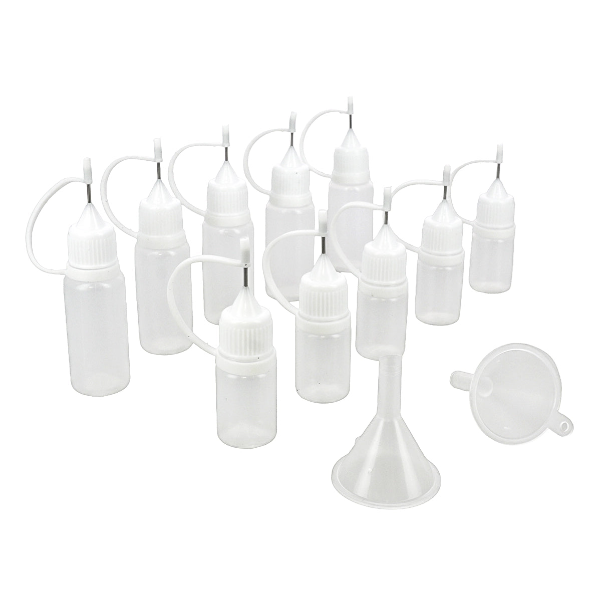 Lot de 5 bidons plastique de précision 5 ml + 5 bidons 10 ml + 2 entonnoirs pour application de la teinture pour cuir