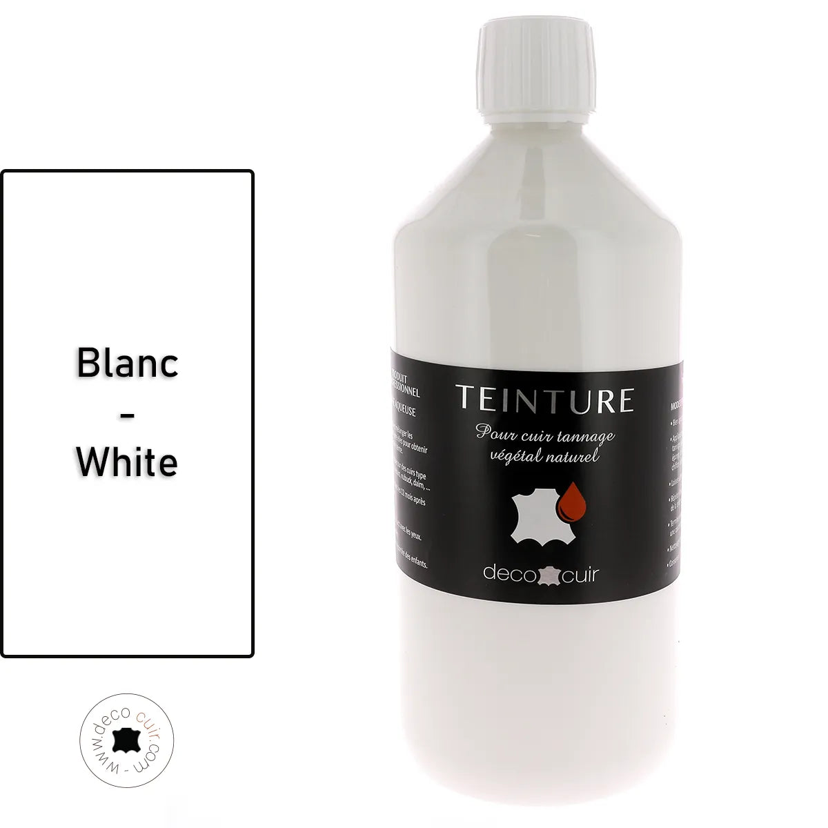 Teinture cuir à base aqueuse Deco Cuir, couleur blanc, flacon d'un litre, application pour cuir et matériaux similaires.