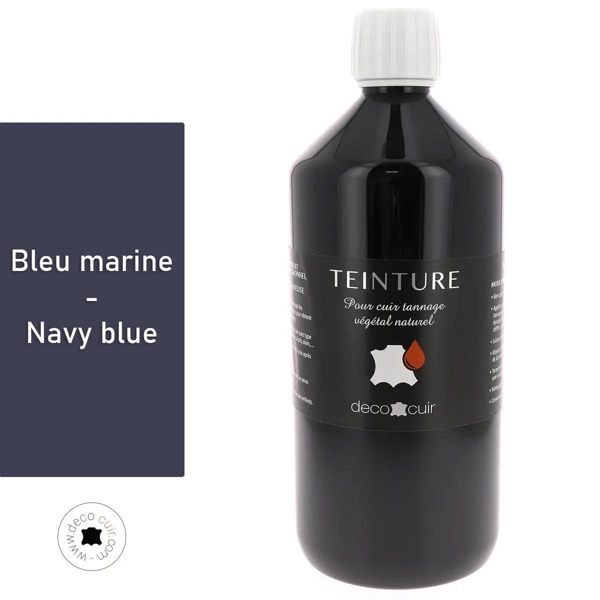 Teinture à base aqueuse Deco Cuir en bleu marine, pour cuir, dans un flacon d'1 litre, teintures et peintures pour cuir.