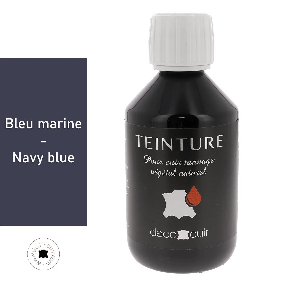 Teinture base aqueuse Deco Cuir en bleu marine, peinture pour cuir, application facile, finition durable, pour rénovation de cuir.