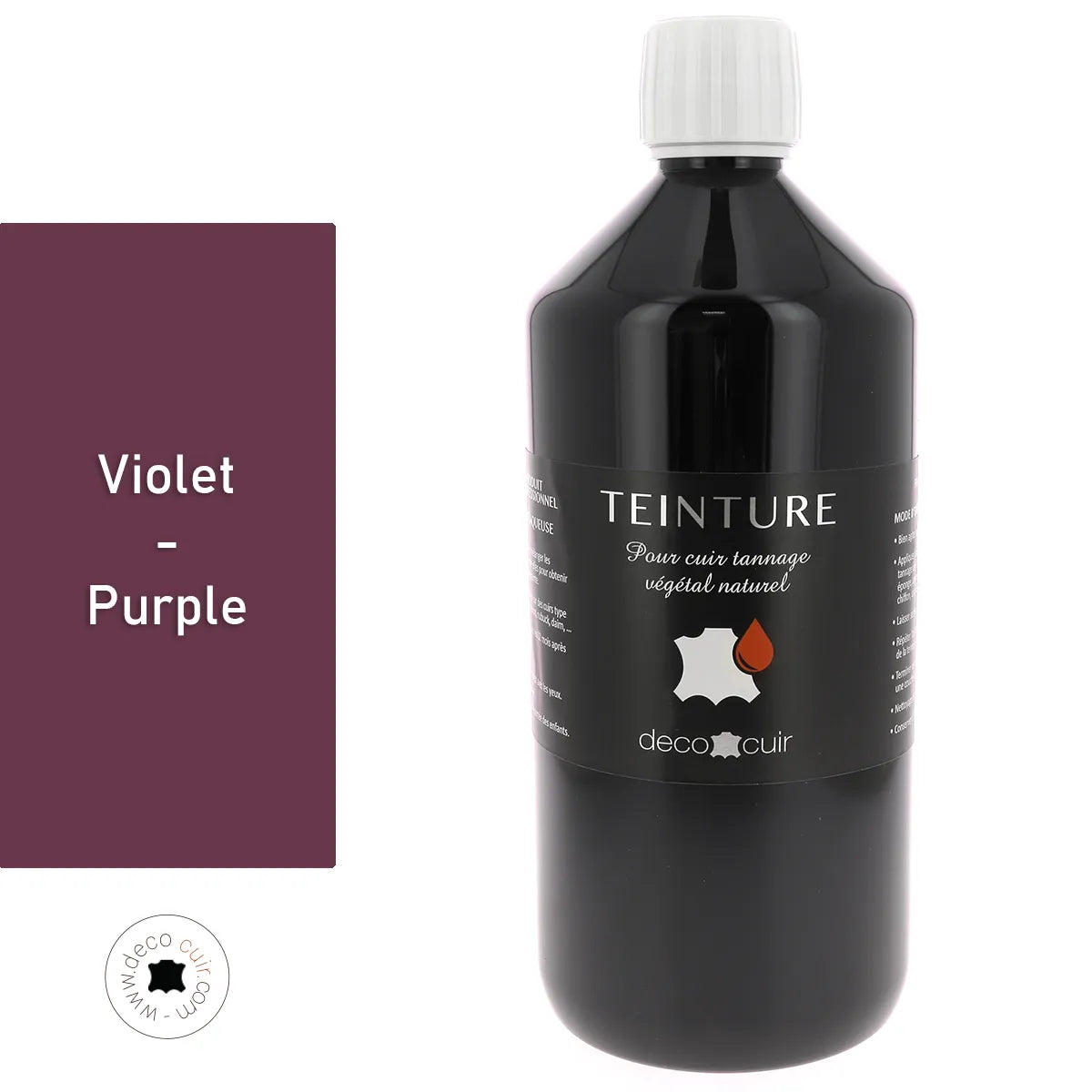 Teinture à base aqueuse Deco Cuir en violet, pour cuir, dans un flacon d'1 litre, prête à être appliquée sur le cuir.