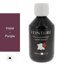 Teinture à base aqueuse Deco Cuir violette, pour cuir, affichant un flacon avec étiquette violette et liquide coloré.