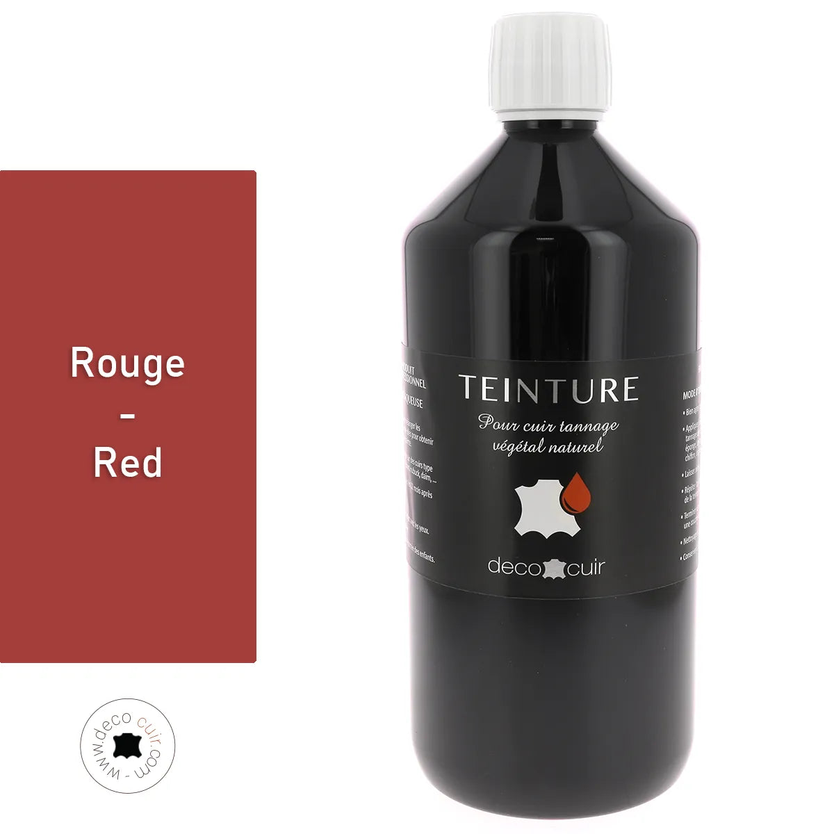 Teinture pour cuir Deco Cuir base aqueuse de couleur rouge, flacon d'1L, pour coloration de matériaux en cuir naturel.