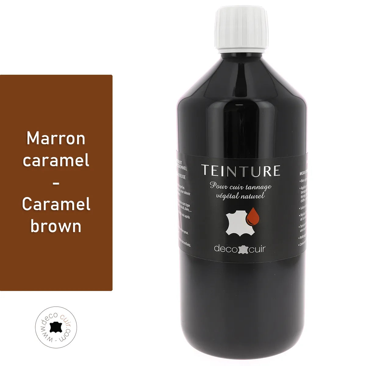 Teinture pour cuir Deco Cuir base aqueuse couleur marron caramel, bouteille d'1 litre, teintures et peintures pour cuir.