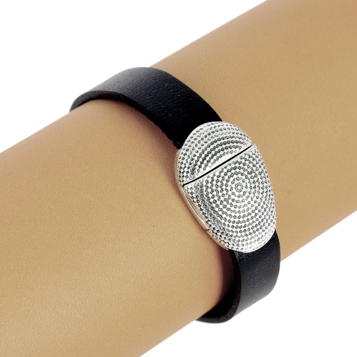 Fermoir bijou aimanté - OVALE À POINTS - Lacet plat 10mm - ARGENT VIEILLI